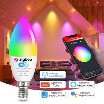 Tuya E14 Smart ZigBee 3.0 WiFi Свеча-Лампочка AC85-265V Светодиодная Лампа-Люстра Лампа для спальни Smart Life Alexa Google Home