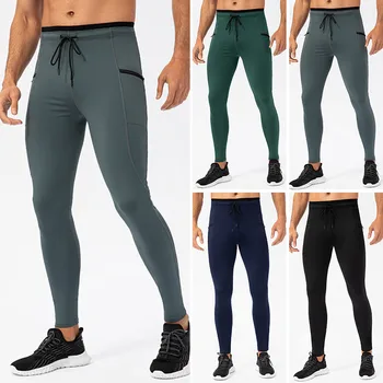 Мужские Компрессионные леггинсы в обтяжку с карманами, брюки с высокой талией, колготки на молнии, тренировочные штаны для йоги, спортивные узкие брюки для фитнеса