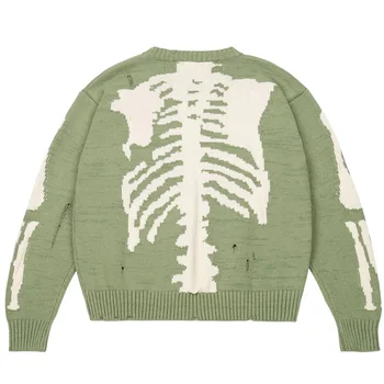 Мужской свитер Зеленого цвета с принтом костей скелета, Женский высококачественный Винтажный вязаный свитер 1: 1