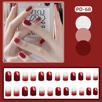 Новые 24ШТ Короткие блестящие градиентные красные ногти с полным покрытием во французском стиле, искусственные ногти с желеобразным гелем/клеем