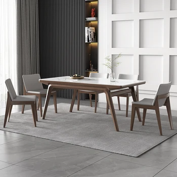 Обеденный гарнитур MINGDIBAO премиум-класса с прямоугольным столом из цельного дерева и 6 стульями из натуральной кожи Мебель для домашней кухни