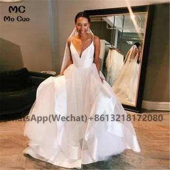 2021 Простые пышные белые свадебные платья с V-образным вырезом, свадебные платья на тонких бретельках, свадебное платье из тюля с открытой спиной для женщин