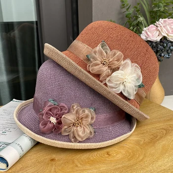 2023 Новые летние женские элегантные шляпы от солнца с цветами, фетровые шляпы, винтажные дышащие завитые шляпы-ведра, солнцезащитная пляжная шляпа, головные уборы