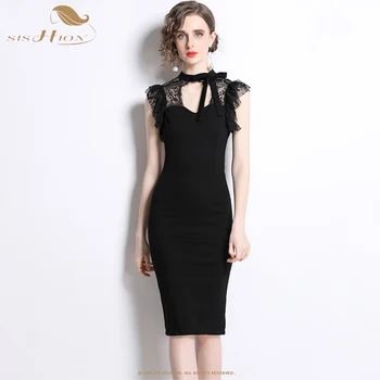 2023 Новый дизайн, Элегантное Черное Кружевное Облегающее платье-карандаш Миди, женское Сексуальное вечернее облегающее платье с круглым вырезом и высокой талией, SR0162