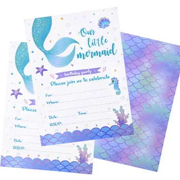 8шт пригласительных открыток на день рождения русалочки, пригласительный билет с хвостом русалки для детей, декор для морской свадьбы на день рождения, детский душ
