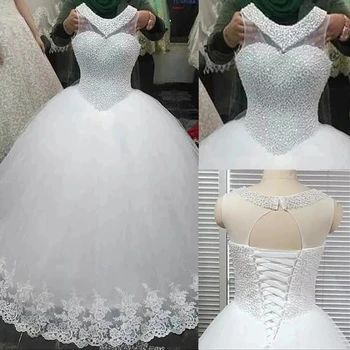 ANGELSBRIDEP Бальное платье с круглым вырезом, свадебные платья Robe de Mariee, модные жемчужные кружевные аппликации, вечерние свадебные платья больших размеров