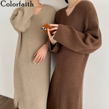 Colorfaith / Новинка 2021, осенне-зимние женские платья, вязаные модные винтажные базовые платья с V-образным вырезом, элегантные женские длинные платья Wild DR9721