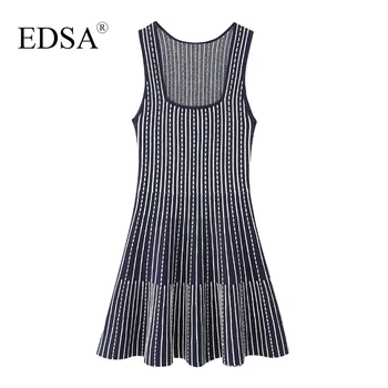 EDSA Женское Винтажное трикотажное мини-платье в черно-белую полоску 2023, Летние Повседневные прямые платья без рукавов для девочек с высокой талией
