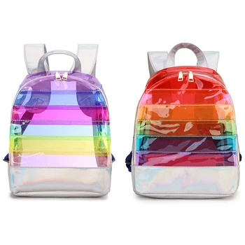 Kawaii ПВХ Прозрачный Контрастного цвета Повседневный Большой Вместительный детский рюкзак в разноцветную полоску Женская дорожная сумка Женские сумки