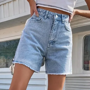 Lucyever Синие женские джинсовые шорты 2023 Летние повседневные джинсовые шорты на пуговицах с высокой талией, женская уличная одежда, свободные прямые короткие брюки