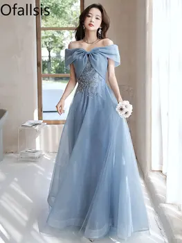 Ofallsis Вечернее платье с открытыми плечами и бантом на шее 2023, Летнее Новое платье Fairy Elegant банкетного темперамента, Французские синие длинные платья