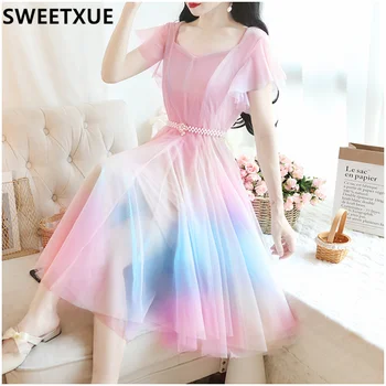 SWEETXUE, летнее модное платье цвета сладкой феи, женские летящие рукава, перспективное сетчатое вечернее платье Kawaii + пояс, женские платья