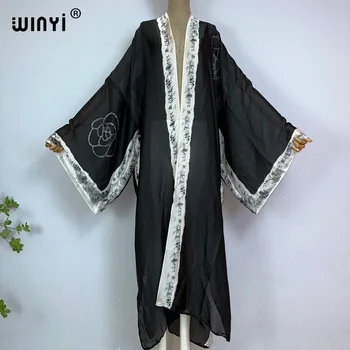 WINYI Africa летнее Женское черное Кардиган С Длинным Рукавом С принтом, Женское Свободное Пляжное Платье в стиле бохо, Уличная одежда, праздничное кимоно