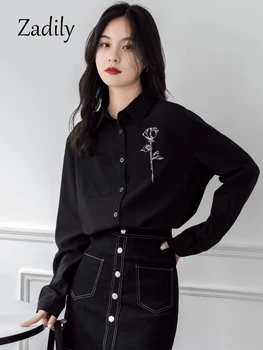 Zadily 2023 Летняя Офисная женская черная рубашка с длинным рукавом в Корейском стиле, женская блузка с цветочным принтом и пуговицами, топы для рабочей одежды