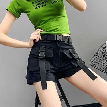 Армейские зеленые шорты-карго, женские Корейские шорты с большими карманами, высокой талией, широкие брюки, женские летние повседневные короткие брюки в стиле харадзюку