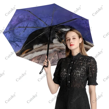 Бернский зенненхунд, Полностью автоматический Трехстворчатый зонт с черным покрытием, Солнцезащитный зонтик от ультрафиолета, Женский дождевой зонтик