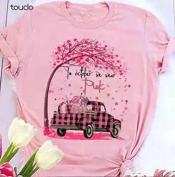 В октябре мы надеваем розовую футболку с тыквенным грузовиком под елкой Для повышения осведомленности о раке молочной железы, женские рубашки, модную футболку, летнюю уличную одежду