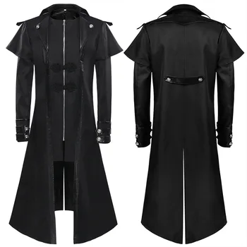 Винтажная мужская длинная куртка в готическом стиле Стимпанк, тренч, черная молния, ретро Средневековый пиратский Воин, рыцарь, пальто с пером, длинная ветровка