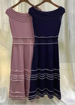 Вязаное платье 2023, Летний модный стиль, Женское Сексуальное платье с вырезом лодочкой, цветной блок, лоскутное платье до середины икры, Розовое, синее, Длинное платье-свитер XL