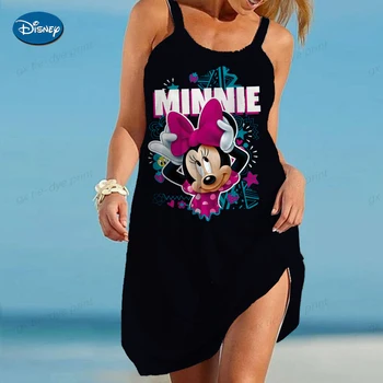 Женские платья Disney с Минни и Микки Маусом, модное летнее сексуальное платье без рукавов с 3D принтом, свободное платье в стиле Каваи