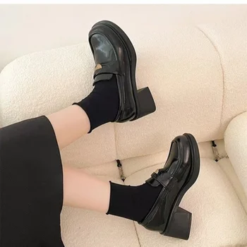 Женские тонкие туфли 2023, Весенняя новинка, модные черные женские туфли на массивном каблуке, студенческие туфли Мэри Джейн, туфли в стиле Лолиты на высоком каблуке