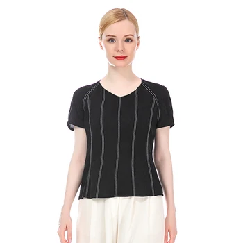 Женские топы из черного жаккардового шелка 22 Momme, белая офисная женская футболка с короткими рукавами в яркую линию, B0037