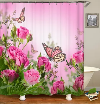 Занавеска для душа с бабочкой и красной розой Довольно популярная Цветочная Моющаяся полиэфирная ткань, подвесные занавески для декора ванной комнаты с крючками
