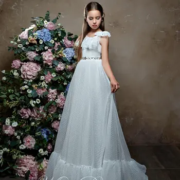 Кружевное платье с рукавами в цветочек для девочек, платье для свадебной вечеринки для девочек, платье для первого причастия, детское платье с кружевным шлейфом, милое детское платье