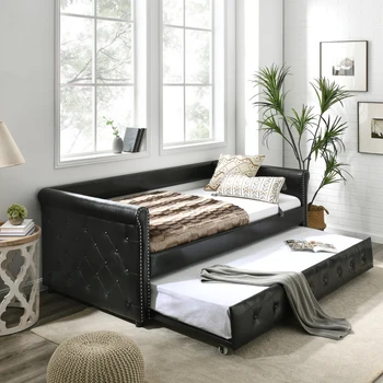 Кушетка с мягким хохлатым диваном-кроватью, с пуговицей и медным гвоздем на подлокотниках Twin Size, искусственная кожа черного цвета (85,5 “x42”x30,5“)