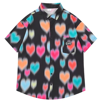Летние мужские гавайские рубашки на пуговицах с рисунком сердца в стиле хип-хоп, Гавайская пляжная рубашка, блузка, уличная одежда, модные повседневные рубашки Aloha