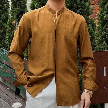 Льняная рубашка с длинным рукавом и воротником-стойкой, однотонная рубашка в стиле ретро, британская тонкая универсальная повседневная рубашка, Мужская Camisa Social Masculina