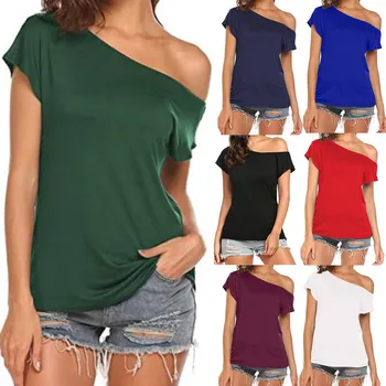 Модная футболка с открытыми плечами, Повседневная Женская футболка, Однотонные Свободные топы, женские летние топы, Женская рубашка с коротким рукавом, блузы, пуловеры