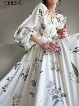 Модное женское платье PEIRESA с цветочным принтом 2023, Французский стиль, Асимметричные платья Миди с круглым вырезом и рукавом-фонариком, халат