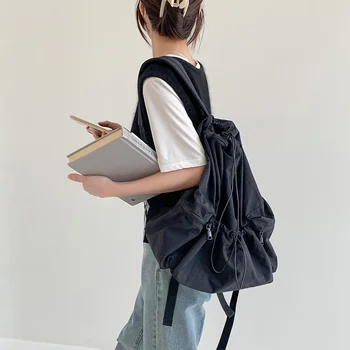 Модные рюкзаки с рюшами и завязками для женщин, эстетичный Рюкзак из нейлоновой ткани для девочек, дорожная женская сумка, легкая студенческая сумка