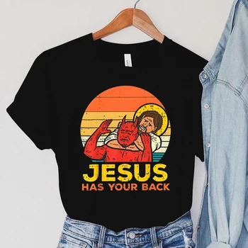 Модные футболки с Иисусом, женские винтажные футболки с коротким рукавом Demon, футболки с героями мультфильмов Jesus Y2k, женская одежда Jesus Has Your Back