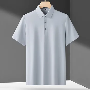 Мужская рубашка поло без следов из ледяного шелка, летний однотонный топ с короткими рукавами, Быстросохнущая мужская высококачественная деловая повседневная футболка Поло