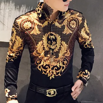 Мужская рубашка с Пейсли из черного золота, повседневная блузка, Мужская банкетная рубашка в стиле барокко, роскошные Корейские Приталенные Мужские рубашки с принтом с длинным рукавом, Мужские рубашки