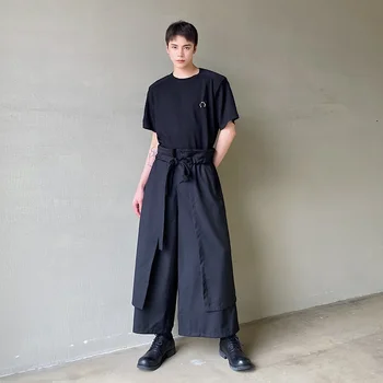 Мужская уличная одежда унисекс, Япония, Широкие брюки, двухслойный дизайн, Мужской женский ремень, Регулируемый, Модная свободная повседневная шикарная юбка, Брюки