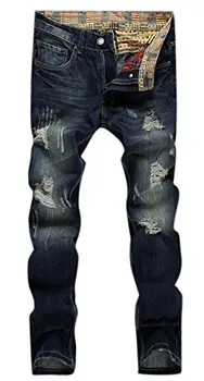 Мужские прямые джинсы для похудения, потертые свободные джинсы из денима темно-синего цвета W38