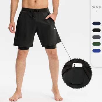Мужские спортивные шорты на резинке, Быстросохнущие эластичные баскетбольные штаны для бега, двойные спортивные штаны с двумя накладными карманами