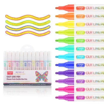 Набор металлических фломастеров 12 цветов Двухлинейная ручка Контурный маркер Блеск для рисования Школьные принадлежности