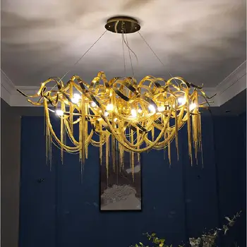 Новая светодиодная дизайнерская люстра золотая роскошная алюминиевая цепочка с кисточкой лампа гостиная вилла отель декоративная люстра