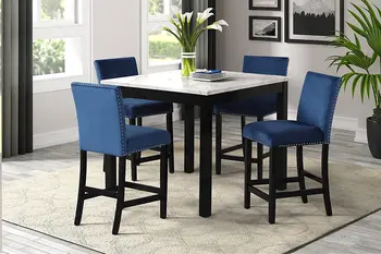 Обеденный стол высотой с кухонную столешницу из 5 предметов с четырьмя стульями, столешница из искусственного мрамора, синий/черный