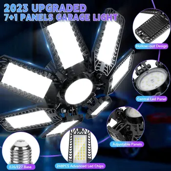 Обновление 2023 Складные Светодиодные Лампы E27 Гаражный Светильник Регулируемый Многопанельный Потолочный Светильник Рыночного Магазина для Освещения Мастерской Склада