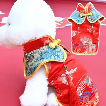 Одежда для домашних животных Дизайн кисточки Застежка на пуговицы Ткань для наряда Домашняя собака Одежда для китайского Нового года Костюм для щенка Тан Товары для домашних животных