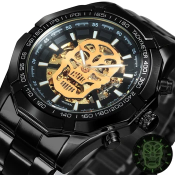 Официальные мужские часы WINNER, лучший бренд класса Люкс, автоматические механические часы, мужские наручные часы со стальным ремешком в стиле хип-хоп с черепом и скелетом