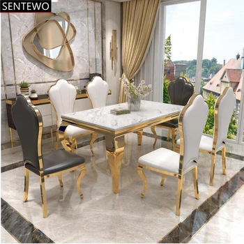 Популярный роскошный мраморный кухонный обеденный стол и 4 обеденных стула, набор кухонной мебели в золотой раме из нержавеющей стали esstisch tische