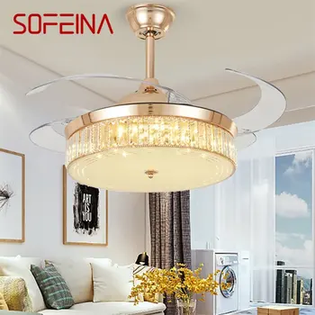 Потолочный вентилятор SOFEINA, Невидимый Золотой Роскошный Хрустальный светодиодный светильник С дистанционным управлением, Современный для дома