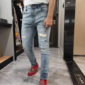 Рваные синие джинсовые брюки с дырочками, колготки, уличная одежда высшего качества в стиле хип-хоп, дизайнерские джинсы в стиле пэчворк для мужчин