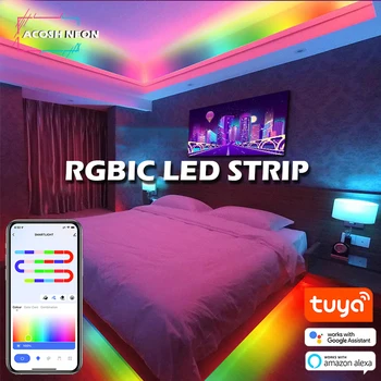 Светодиодные ленты WS2811 Wi-Fi RGBIC Гибкое полосовое освещение TUYA Светодиодная лампа, меняющая цвет, светодиодные фонари для спальни, освещение для синхронизации музыки